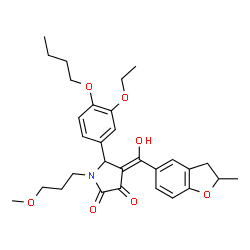 ChemSpider 2D Image | (4E)-5-(4-Butoxy-3-ethoxyphenyl)-4-[hydroxy(2-methyl-2,3-dihydro-1-benzofuran-5-yl)methylene]-1-(3-methoxypropyl)-2,3-pyrrolidinedione | C30H37NO7