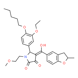 ChemSpider 2D Image | (4E)-5-[3-Ethoxy-4-(pentyloxy)phenyl]-4-[hydroxy(2-methyl-2,3-dihydro-1-benzofuran-5-yl)methylene]-1-(2-methoxyethyl)-2,3-pyrrolidinedione | C30H37NO7