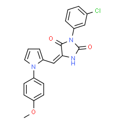 ChemSpider 2D Image | (5E)-3-(3-Chlorophenyl)-5-{[1-(4-methoxyphenyl)-1H-pyrrol-2-yl]methylene}-2,4-imidazolidinedione | C21H16ClN3O3