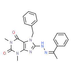 ChemSpider 2D Image | 7-Benzyl-1,3-dimethyl-8-[(2Z)-2-(1-phenylethylidene)hydrazino]-3,7-dihydro-1H-purine-2,6-dione | C22H22N6O2