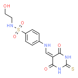 ChemSpider 2D Image | 4-{[(4,6-Dioxo-2-thioxotetrahydro-5(2H)-pyrimidinylidene)methyl]amino}-N-(2-hydroxyethyl)benzenesulfonamide | C13H14N4O5S2
