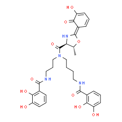 ChemSpider 2D Image | (2E,4S,5R)-N-{4-[(2,3-Dihydroxybenzoyl)amino]butyl}-N-{3-[(2,3-dihydroxybenzoyl)amino]propyl}-2-(5-hydroxy-6-oxo-2,4-cyclohexadien-1-ylidene)-5-methyl-1,3-oxazolidine-4-carboxamide | C32H36N4O10