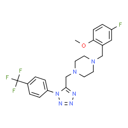 ChemSpider 2D Image | 1-(5-Fluoro-2-methoxybenzyl)-4-({1-[4-(trifluoromethyl)phenyl]-1H-tetrazol-5-yl}methyl)piperazine | C21H22F4N6O