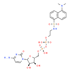ChemSpider 2D Image | 5'-O-{[({[2-({[5-(DIMETHYLAMINO)NAPHTHALEN-1-YL]SULFONYL}AMINO)ETHYL]OXY}PHOSPHINATO)OXY]PHOSPHINATO}CYT | C23H31N5O13P2S