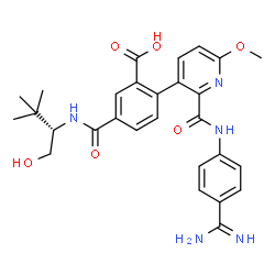 ChemSpider 2D Image | 2-{2-[(4-Carbamimidoylphenyl)carbamoyl]-6-methoxy-3-pyridinyl}-5-{[(2S)-1-hydroxy-3,3-dimethyl-2-butanyl]carbamoyl}benzoic acid | C28H31N5O6