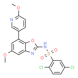ChemSpider 2D Image | 2,5-Dichloro-N-[5-methoxy-7-(6-methoxy-3-pyridinyl)-1,3-benzoxazol-2-yl]benzenesulfonamide | C20H15Cl2N3O5S
