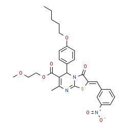 ChemSpider 2D Image | 2-Methoxyethyl (2Z)-7-methyl-2-(3-nitrobenzylidene)-3-oxo-5-[4-(pentyloxy)phenyl]-2,3-dihydro-5H-[1,3]thiazolo[3,2-a]pyrimidine-6-carboxylate | C29H31N3O7S