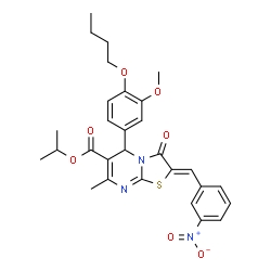 ChemSpider 2D Image | Isopropyl (2Z)-5-(4-butoxy-3-methoxyphenyl)-7-methyl-2-(3-nitrobenzylidene)-3-oxo-2,3-dihydro-5H-[1,3]thiazolo[3,2-a]pyrimidine-6-carboxylate | C29H31N3O7S