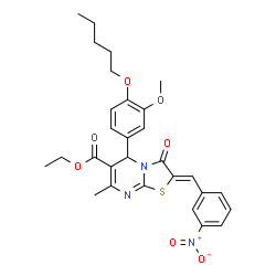 ChemSpider 2D Image | Ethyl (2Z)-5-[3-methoxy-4-(pentyloxy)phenyl]-7-methyl-2-(3-nitrobenzylidene)-3-oxo-2,3-dihydro-5H-[1,3]thiazolo[3,2-a]pyrimidine-6-carboxylate | C29H31N3O7S