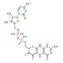 ChemSpider 2D Image | 4-Amino-1-{5-O-[({[(2-amino-4-oxo-6,7-dithioxo-1,5,6,7,8,10-hexahydro-4H-pyrano[3,2-g]pteridin-8-yl)methoxy](hydroxy)phosphoryl}oxy)(hydroxy)phosphoryl]pentofuranosyl}-2(1H)-pyrimidinone | C19H22N8O13P2S2