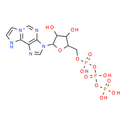 ChemSpider 2D Image | 3-[5-O-(Hydroxy{[hydroxy(phosphonooxy)phosphoryl]oxy}phosphoryl)pentofuranosyl]-3,9-dihydroimidazo[2,1-i]purin-6-ium | C12H17N5O13P3