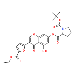 ChemSpider 2D Image | 2-{3-[5-(Ethoxycarbonyl)-2-furyl]-5-hydroxy-4-oxo-4H-chromen-7-yl} 1-(2-methyl-2-propanyl) 1,2-pyrrolidinedicarboxylate | C26H27NO10