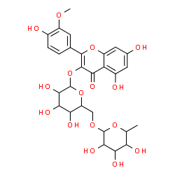 ChemSpider 2D Image | 5,7-Dihydroxy-2-(4-hydroxy-3-methoxyphenyl)-4-oxo-4H-chromen-3-yl 6-O-(6-deoxyhexopyranosyl)hexopyranoside | C28H32O16