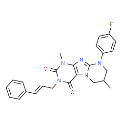 ChemSpider 2D Image | 9-(4-Fluorophenyl)-1,7-dimethyl-3-[(2E)-3-phenyl-2-propen-1-yl]-6,7,8,9-tetrahydropyrimido[2,1-f]purine-2,4(1H,3H)-dione | C25H24FN5O2