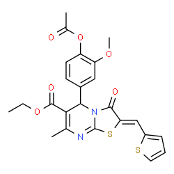 ChemSpider 2D Image | Ethyl (2Z)-5-(4-acetoxy-3-methoxyphenyl)-7-methyl-3-oxo-2-(2-thienylmethylene)-2,3-dihydro-5H-[1,3]thiazolo[3,2-a]pyrimidine-6-carboxylate | C24H22N2O6S2