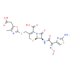 ChemSpider 2D Image | (6R,7R)-7-{[(2E)-2-(2-Amino-1,3-thiazol-4-yl)-2-(methoxyimino)acetyl]amino}-3-({[5-(carboxymethyl)-4-methyl-1,3-thiazol-2-yl]sulfanyl}methyl)-8-oxo-5-thia-1-azabicyclo[4.2.0]oct-2-ene-2-carboxylic aci
d | C20H20N6O7S4