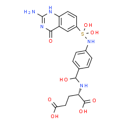 ChemSpider 2D Image | N-[(4-{[(2-Amino-4-oxo-1,4-dihydro-6-quinazolinyl)(dihydroxy)-lambda~4~-sulfanyl]amino}phenyl)(hydroxy)methyl]-L-glutamic acid | C20H23N5O8S