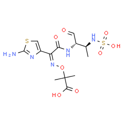 ChemSpider 2D Image | 2-({(Z)-[1-(2-Amino-1,3-thiazol-4-yl)-2-oxo-2-{[(2S,3S)-1-oxo-3-(sulfoamino)-2-butanyl]amino}ethylidene]amino}oxy)-2-methylpropanoic acid | C13H19N5O8S2