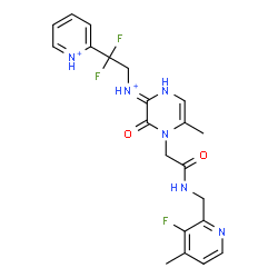 ChemSpider 2D Image | 2-(1,1-Difluoro-2-{(Z)-[4-(2-{[(3-fluoro-4-methyl-2-pyridinyl)methyl]amino}-2-oxoethyl)-5-methyl-3-oxo-3,4-dihydro-2(1H)-pyrazinylidene]ammonio}ethyl)pyridinium | C21H23F3N6O2