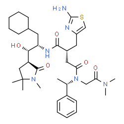 ChemSpider 2D Image | (2R)-2-[(2-Amino-1,3-thiazol-4-yl)methyl]-N~1~-{(1S,2S)-3-cyclohexyl-1-hydroxy-1-[(3S)-1,5,5-trimethyl-2-oxo-3-pyrrolidinyl]-2-propanyl}-N~4~-[2-(dimethylamino)-2-oxoethyl]-N~4~-[(1S)-1-phenylethyl]su
ccinamide | C36H54N6O5S