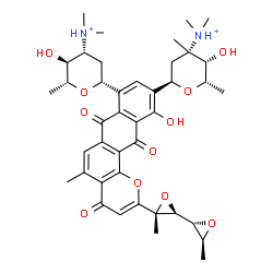 ChemSpider 2D Image | (2S,3S,4S,6R)-6-{8-[(2R,4R,5S,6R)-4-(Dimethylammonio)-5-hydroxy-6-methyltetrahydro-2H-pyran-2-yl]-2-[(2S,2'R,3R,3'S)-3,3'-dimethyl-2,2'-bioxir-3-yl]-11-hydroxy-5-methyl-4,7,12-trioxo-7,12-dihydro-4H-n
aphtho[2,3-h]chromen-10-yl}-3-hydroxy-N,N,2,4-tetramethyltetrahydro-2H-pyran-4-aminium | C41H52N2O11