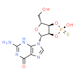 ChemSpider 2D Image | 2-Amino-9-[(2S,3aR,4R,6R,6aR)-2-hydroxy-6-(hydroxymethyl)-2-sulfidotetrahydrofuro[3,4-d][1,3,2]dioxaphosphol-4-yl]-3,9-dihydro-6H-purin-6-one | C10H12N5O6PS