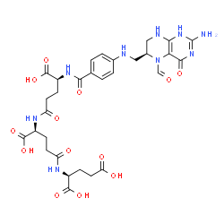 ChemSpider 2D Image | N-[4-({[(6S)-2-Amino-5-formyl-4-oxo-1,4,5,6,7,8-hexahydro-6-pteridinyl]methyl}amino)benzoyl]-L-gamma-glutamyl-L-gamma-glutamyl-L-glutamic acid | C30H37N9O13