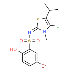 ChemSpider 2D Image | 5-Bromo-N-[(2E)-4-chloro-5-isopropyl-3-methyl-1,3-thiazol-2(3H)-ylidene]-2-hydroxybenzenesulfonamide | C13H14BrClN2O3S2