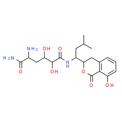 ChemSpider 2D Image | 5-Amino-2,3-dihydroxy-N~1~-[1-(8-hydroxy-1-oxo-3,4-dihydro-1H-isochromen-3-yl)-3-methylbutyl]hexanediamide | C20H29N3O7