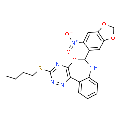 ChemSpider 2D Image | 3-(Butylsulfanyl)-6-(6-nitro-1,3-benzodioxol-5-yl)-6,7-dihydro[1,2,4]triazino[5,6-d][3,1]benzoxazepine | C21H19N5O5S