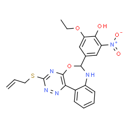 ChemSpider 2D Image | 4-[3-(Allylsulfanyl)-6,7-dihydro[1,2,4]triazino[5,6-d][3,1]benzoxazepin-6-yl]-2-ethoxy-6-nitrophenol | C21H19N5O5S