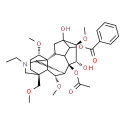ChemSpider 2D Image | (1alpha,5xi,6alpha,9xi,10alpha,13xi,15alpha,16beta)-8-Acetoxy-20-ethyl-13,15-dihydroxy-1,6,16-trimethoxy-4-(methoxymethyl)aconitan-14-yl benzoate | C34H47NO10