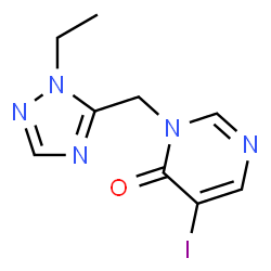 ChemSpider 2D Image | 3-[(1-Ethyl-1H-1,2,4-triazol-5-yl)methyl]-5-iodo-4(3H)-pyrimidinone | C9H10IN5O