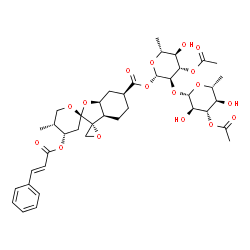 ChemSpider 2D Image | 3-O-acetyl-2-O-(3-O-acetyl-6-deoxy-beta-D-glucopyranosyl)-6-deoxy-1-O-{[(2R,2'S,3a'R,4''S,5''R,6'S,7a'S)-5''-methyl-4''-{[(2E)-3-phenylprop-2-enoyl]oxy}decahydrodispiro[oxirane-2,3'-[1]benzofuran-2',2''-pyran]-6'-yl]carbonyl}-beta-D-glucopyranose | C40H52O17