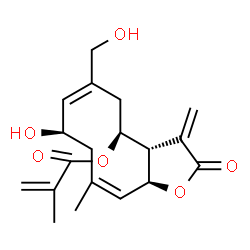 ChemSpider 2D Image | (3aS,4S,6E,8R,10Z,11aS)-8-Hydroxy-6-(hydroxymethyl)-10-methyl-3-methylene-2-oxo-2,3,3a,4,5,8,9,11a-octahydrocyclodeca[b]furan-4-yl methacrylate | C19H24O6
