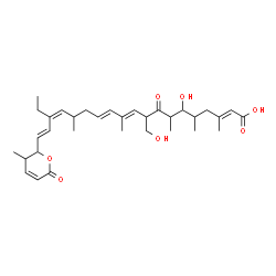 ChemSpider 2D Image | (2E,10E,12E,16Z,18E)-17-Ethyl-6-hydroxy-9-(hydroxymethyl)-3,5,7,11,15-pentamethyl-19-(3-methyl-6-oxo-3,6-dihydro-2H-pyran-2-yl)-8-oxo-2,10,12,16,18-nonadecapentaenoic acid | C33H48O7