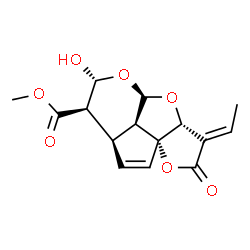 ChemSpider 2D Image | Methyl (3E,3aR,4aR,6R,7R,7aR,9aR,9bR)-3-ethylidene-6-hydroxy-2-oxo-3,3a,6,7,7a,9b-hexahydro-2H,4aH-1,4,5-trioxadicyclopenta[a,hi]indene-7-carboxylate | C15H16O7