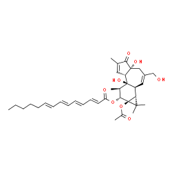 ChemSpider 2D Image | (1aR,1bS,4aR,7aS,7bS,8R,9R,9aS)-9a-Acetoxy-4a,7b-dihydroxy-3-(hydroxymethyl)-1,1,6,8-tetramethyl-5-oxo-1a,1b,4,4a,5,7a,7b,8,9,9a-decahydro-1H-cyclopropa[3,4]benzo[1,2-e]azulen-9-yl (2E,4E,6E,8E)-2,4,6
,8-tetradecatetraenoate | C36H48O8