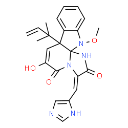 ChemSpider 2D Image | (3Z)-6-Hydroxy-3-(1H-imidazol-5-ylmethylene)-12-methoxy-7a-(2-methyl-3-buten-2-yl)-7a,12-dihydro-1H,5H-imidazo[1',2':1,2]pyrido[2,3-b]indole-2,5(3H)-dione | C23H23N5O4