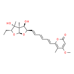 ChemSpider 2D Image | 6-[(1E,3E,5E)-6-[(2R,3R,3aR,4R,5R,6aS)-5-ethylhexahydro-3,4-dihydroxy-3a,4-dimethylfuro[2,3-b]furan-2-yl]-1,3,5-hexatrien-1-yl]-4-methoxy-5-methyl-2H-pyran-2-one | C23H30O7