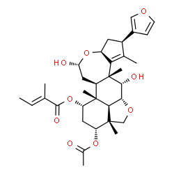 ChemSpider 2D Image | (2R,3aS,5R,6aR,6bR,7S,9R,9aR,11aR,11bR,12S,12aR)-9-Acetoxy-2-(3-furyl)-5,12-dihydroxy-1,6b,9a,12a-tetramethyl-3,3a,6,6a,6b,7,8,9,9a,10,11a,11b,12,12a-tetradecahydro-2H,5H-cyclopenta[b]furo[2',3',4':4,
5]naphtho[2,1-d]oxepin-7-yl (2E)-2-methyl-2-butenoate | C33H44O9