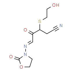 ChemSpider 2D Image | 3-((2-Hydroxyethyl)thio)-4-oxo-5-((2-oxo-3-oxazolidinyl)imino)pentanenitrile | C10H13N3O4S