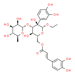 ChemSpider 2D Image | Ethyl 3-O-(6-deoxy-alpha-L-mannopyranosyl)-2-C-(3,4-dihydroxyphenyl)-6-O-[(2E)-3-(3,4-dihydroxyphenyl)-2-propenoyl]-beta-D-glucopyranoside | C29H36O15