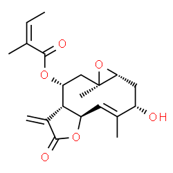 ChemSpider 2D Image | (1aR,3S,4E,5aR,8aR,9R,10aR)-3-Hydroxy-4,10a-dimethyl-8-methylene-7-oxo-1a,2,3,5a,7,8,8a,9,10,10a-decahydrooxireno[5,6]cyclodeca[1,2-b]furan-9-yl (2Z)-2-methyl-2-butenoate | C20H26O6