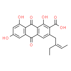 ChemSpider 2D Image | 3-[(2Z)-2-Ethyl-2-buten-1-yl]-1,6,8-trihydroxy-9,10-dioxo-9,10-dihydro-2-anthracenecarboxylic acid | C21H18O7