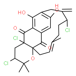 ChemSpider 2D Image | 7,16,18-Trichloro-11,22-dihydroxy-4,19,19-trimethyl-8-methylene-20-oxatetracyclo[11.7.1.1~10,14~.0~1,16~]docosa-3,10(22),11,13-tetraene-15,21-dione | C25H27Cl3O5