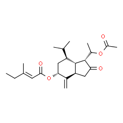 ChemSpider 2D Image | (1R,3aR,5R,7S,7aS)-1-[(1S)-1-Acetoxyethyl]-7-isopropyl-4-methylene-2-oxooctahydro-1H-inden-5-yl (2E)-3-methyl-2-pentenoate | C23H34O5