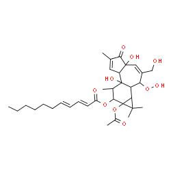 ChemSpider 2D Image | 9a-Acetoxy-2-hydroperoxy-4a,7b-dihydroxy-3-(hydroxymethyl)-1,1,6,8-tetramethyl-5-oxo-1a,1b,2,4a,5,7a,7b,8,9,9a-decahydro-1H-cyclopropa[3,4]benzo[1,2-e]azulen-9-yl (2E,4E)-2,4-undecadienoate | C33H46O10