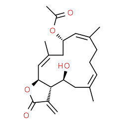 ChemSpider 2D Image | (3aS,4S,6Z,10Z,12S,14Z,15aS)-4-Hydroxy-6,10,14-trimethyl-3-methylene-2-oxo-2,3,3a,4,5,8,9,12,13,15a-decahydrocyclotetradeca[b]furan-12-yl acetate | C22H30O5
