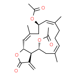 ChemSpider 2D Image | (3aR,4R,6Z,10Z,12R,14Z,15aR)-6,10,14-Trimethyl-3-methylene-2-oxo-2,3,3a,4,5,8,9,12,13,15a-decahydrocyclotetradeca[b]furan-4,12-diyl diacetate | C24H32O6